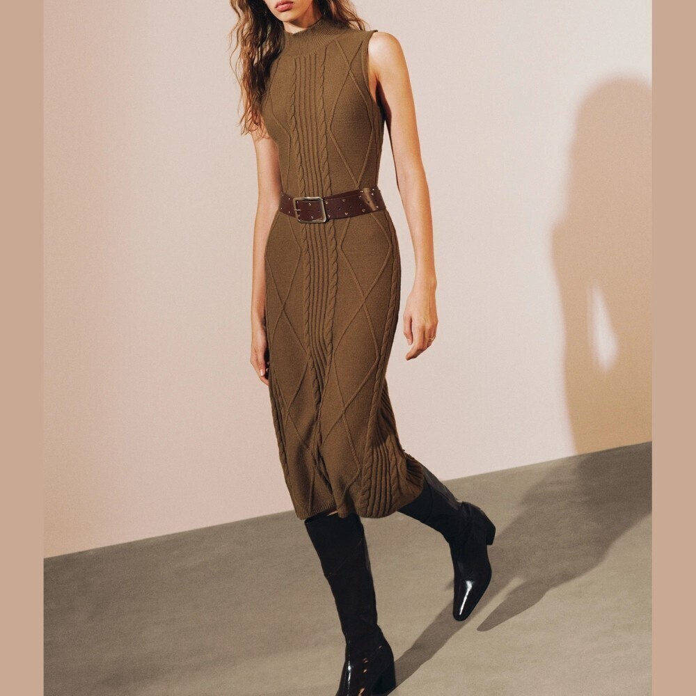 Brown Cable Knit Sleeveless Stand Collar Slim Fit Midi Sweater Dress